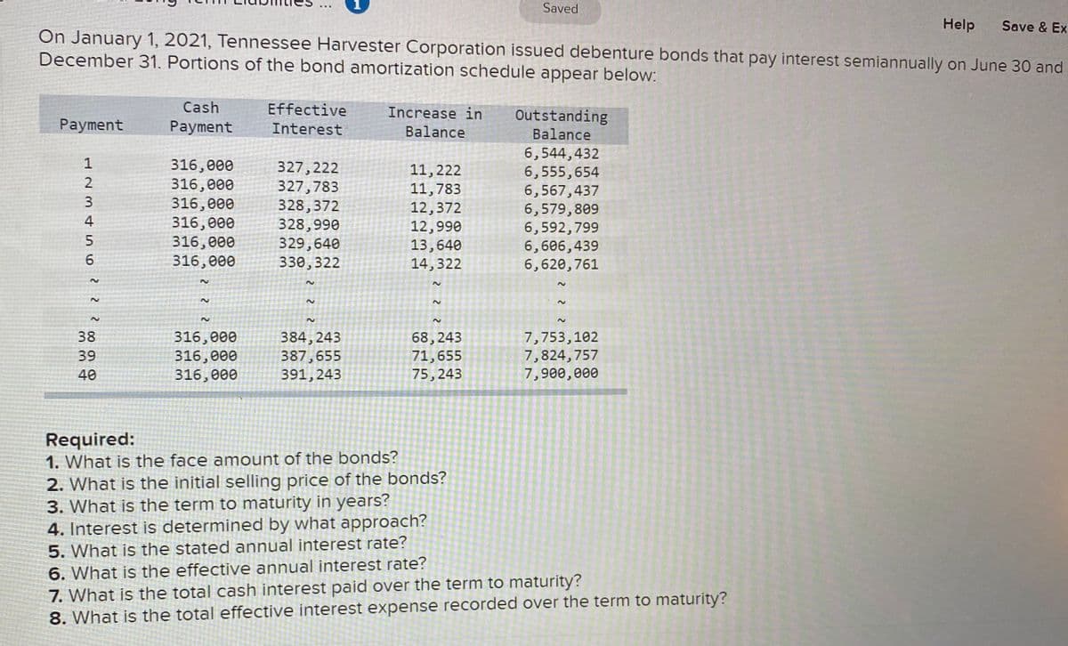 1
Saved
Help
Save & Ex
On January 1, 2021, Tennessee Harvester Corporation issued debenture bonds that pay interest semiannually on June 30 and
December 31. Portions of the bond amortization schedule appear below:
Cash
Effective
Increase in
Outstanding
Payment
Payment
Interest
Balance
Balance
6,544,432
6,555,654
6,567,437
6,579,809
6,592,799
6,606,439
6,620,761
1
316, 0ее
316,000
316,000
316,000
316, е0е
316,000
327,222
327,783
328,372
328,990
329,640
330,322
11,222
11,783
12,372
12,990
13,640
14,322
3.
4
6
38
316,000
316,000
316,000
384,243
387,655
391,243
68,243
71,655
75,243
7,753,102
7,824,757
7,900,000
39
40
Required:
1. What is the face amount of the bonds?
2. What is the initial selling price of the bonds?
3. What is the term to maturity in years?
4. Interest is determined by what approach?
5. What is the stated annual interest rate?
6. What is the effective annual interest rate?
7. What is the total cash interest paid over the term to maturity?
8. What is the total effective interest expense recorded over the term to maturity?
