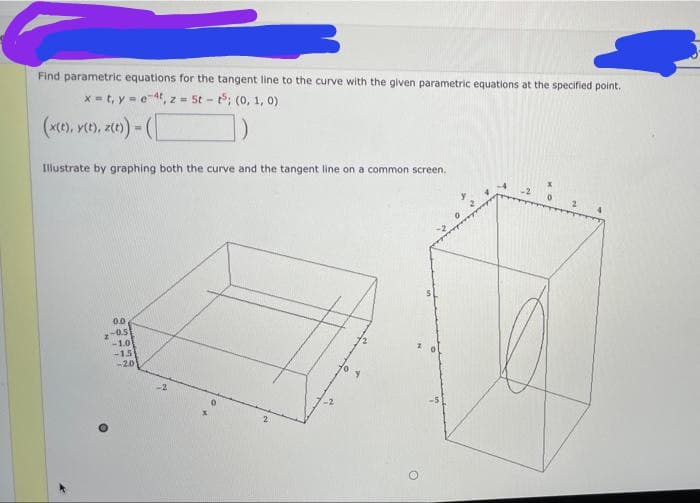 Find parametric equations for the tangent line to the curve with the given parametric equations at the specified point.
x=t, y=e, z = 5t-t5; (0, 1, 0)
(x(e), y(t), z(t))-([
Illustrate by graphing both the curve and the tangent line on a common screen.
OD
-0.5
-1.0
-15
-20