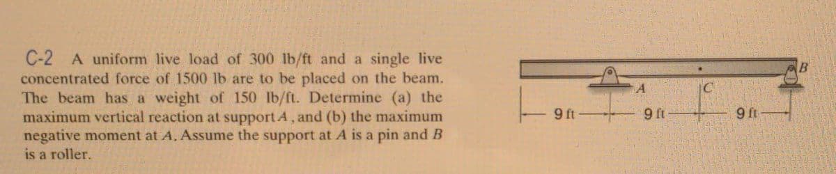 C-2 A uniform live load of 300 lb/ft and a single live
concentrated force of 1500 lb are to be placed on the beam.
The beam has a weight of 150 lb/ft. Determine (a) the
maximum vertical reaction at support A, and (b) the maximum
negative moment at A. Assume the support at A is a pin and B
is a roller.
9 ft
A
9 ft
9 ft
B