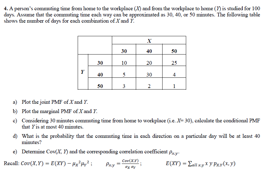 4. A person's commuting time from home to the workplace (X) and from the workplace to home (Y) is studied for 100
days. Assume that the commuting time each way can be approximated as 30, 40, or 50 minutes. The following table
shows the number of days for each combination of X and Y.
X
30
40
50
30
10
20
25
Y
40
5
30
4
50
2
1
a) Plot the joint PMF of X and Y.
b) Plot the marginal PMF of X and Y.
c) Considering 30 minutes commuting time from home to workplace (i.e. X= 30), calculate the conditional PMF
that Yis at most 40 minutes.
d) What is the probability that the commuting time in each direction on a particular day will be at least 40
minutes?
e) Determine Cov(X, Y) and the corresponding correlation coefficient
Px.y
Cov(X,Y)
Recall: Cov(X,Y) = E(XY) – µx²µy²;
Px.y
Е(XY) — Zail xy хурху(х,у)
og oy
