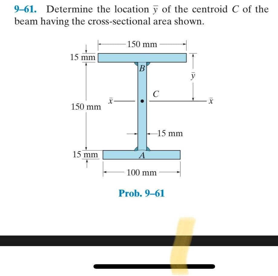 9-61. Determine the location y of the centroid C of the
beam having the cross-sectional area shown.
-150 mm
15 mm
150 mm
-15 mm
15 mm
A
100 mm
Prob. 9–61
