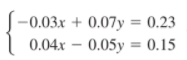 -0.03x + 0.07y = 0.23
%3D
0.04x – 0.05y = 0.15
