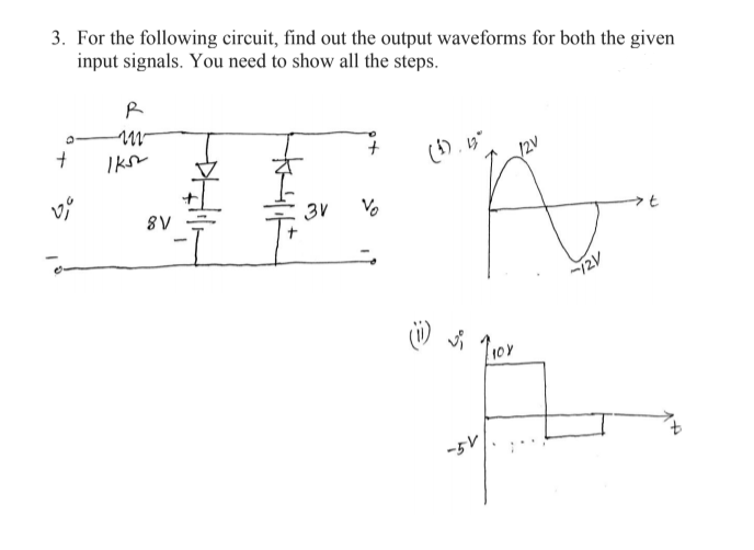 3. For the following circuit, find out the output waveforms for both the given
input signals. You need to show all the steps.
8V
3V
Vo
7.
12V
