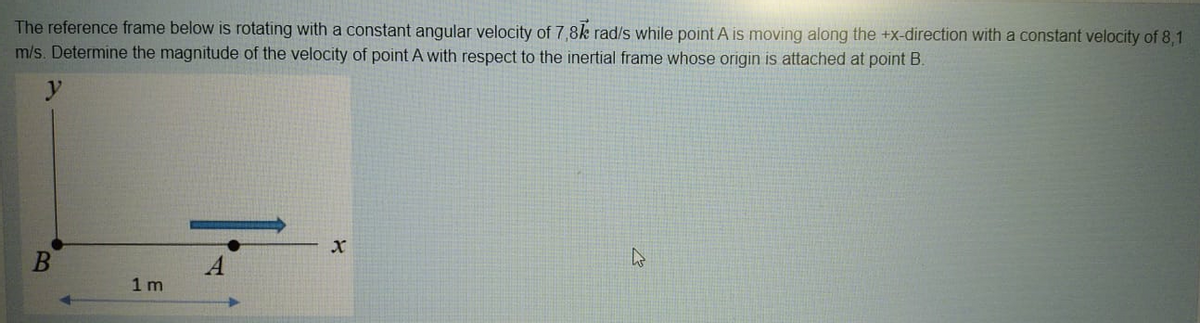 The reference frame below is rotating with a constant angular velocity of 7,8k rad/s while point A is moving along the +X-direction with a constant velocity of 8,1
m/s. Determine the magnitude of the velocity of point A with respect to the inertial frame whose origin is attached at point B.
1 m
