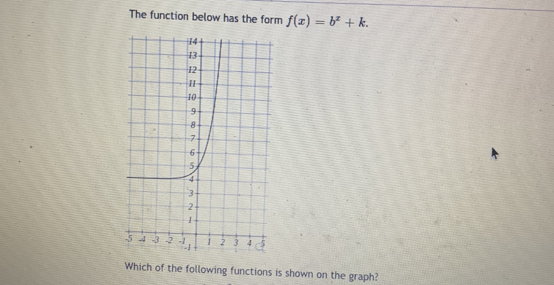 ### Understanding Exponential Functions

The function below has the form \( f(x) = b^x + k \).

![Graph of Exponential Function](image.png)

This graph depicts an exponential function, characterized by the general form \( f(x) = b^x + k \). Here's a step-by-step breakdown of the graph shown:

#### Graph Explanation:
- **Axes**: 
  - The horizontal axis represents the \( x \)-values, ranging from -5 to 5.
  - The vertical axis represents the \( y \)-values, ranging from 0 to 14.
  
- **Curve Characteristics**: 
  - The function's curve starts near the x-axis on the left, indicating very low (possibly negative) values.
  - As the function progresses rightward, it swiftly ascends after intersecting the y-axis, demonstrating exponential growth.
  
- **Key Points**:
  - The curve passes close to the point \((0, 4)\) on the graph, indicating that \( k \) may play a role in the \( y \)-intercept.
  - The graph suggests rapid growth as \( x \) increases into positive values.

#### Analyzing the Function:
- **Exponential Growth**: The upward curve represents exponential growth, typical for functions of the form \( b^x + k \) where \( b > 1 \).
- **Vertical Shift**: The constant \( k \) shifts the graph vertically. Since the intercept near \( y = 4 \), \( k \) is likely influencing this shift.
- **Base Value, \( b \)**: The base \( b \) determines the rate of growth. A larger base value \( b \) means faster growth.

#### Question for Practice:
**Which of the following functions is shown on the graph?**
- The question prompts you to identify the function from given options, likely provided in a multiple-choice format.

Analyzing the exponential function's behavior and characteristics on the graph can aid in understanding how changes in base \( b \) and \( y \)-intercept \( k \) affect the function's visualization.
