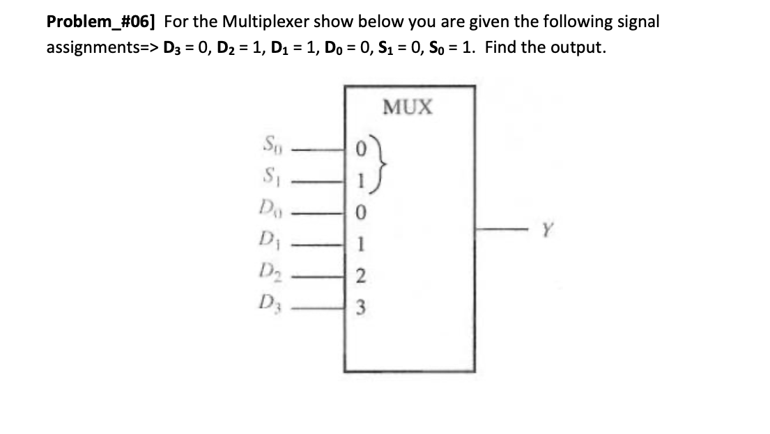 Problem_#06] For the Multiplexer show below you are given the following signal
assignments=> D3 = 0, D2 = 1, D1 = 1, Do = 0, S1 = 0, So = 1. Find the output.
%3D
%3D
%3D
%3D
MUX
Sy
1
Y
1
D2
2
D3
