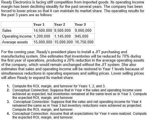 Ready Electronics is facing stiff competition from imported goods. Its operating income
margin has been declining steadily for the past several years. The company has been
forced to lower prices so that it can maintain its market share. The operating results for
the past 3 years are as follows:
Year 1 Year 2
Year 3
Sales
14,500,000 9,500,000
9,000,000
Operating income 1,200,000 1,145,000 945,000
Average assets 15,000,000 15,000,000 16,750,000
For the coming year, Ready's president plans to install a JIT purchasing and
manufacturing system. She estimates that inventories will be reduced by 70% during
the first year of operations, producing a 20% reduction in the average operating assets
of the company, which would remain unchanged without the JIT system. She also
estimates that sales and operating income will be restored to Year 1 levels because of
simultaneous reductions in operating expenses and selling prices. Lower selling prices
will allow Ready to expand its market share.
1. Compute the ROI, margin, and turnover for Years 1, 2, and 3.
2. Conceptual Connection: Suppose that in Year 4 the sales and operating income were
achieved as expected, but inventories remained at the same level as in Year 3. Compute
the expected ROI, margin, and turnover.
3. Conceptual Connection: Suppose that the sales and net operating income for Year 4
remained the same as in Year 3 but inventory reductions were achieved as projected.
Compute the ROI, margin, and turnover.
4. Conceptual Connection: Assume that all expectations for Year 4 were realized. Compute
the expected ROI, margin, and turnover.