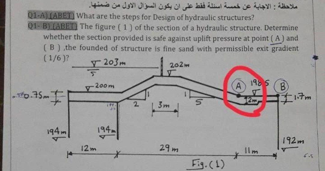 ملاحظة : الاجابة عن خمسة اسئلة فقط على أن يكون السؤال الأول من ضمنها.
Q1-A) (ABET) What are the steps for Design of hydraulic structures?
Q1- B) (ABET) The figure ( 1) of the section of a hydraulic structure. Determine
whether the section provided is safe against uplift pressure at point (A) and
(B) the founded of structure is fine sand with permissible exit gradient
(1/6)?
203m
202m
195 5
B)
土テm
200m
2m
3m
194m
194m
192m
12m
29m
Ilm
Fg.(1)
