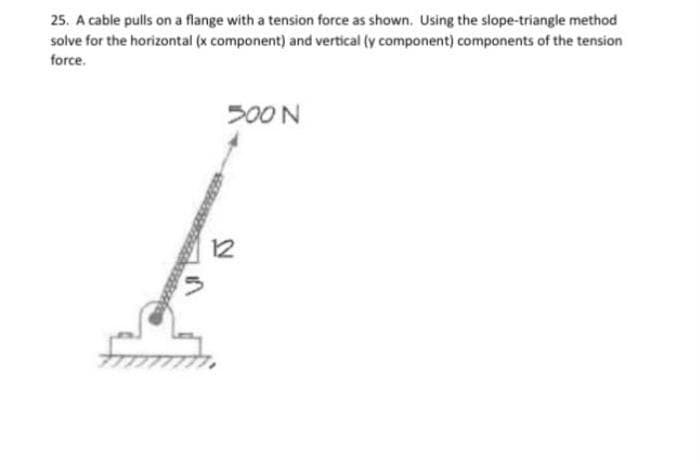 25. A cable pulls on a flange with a tension force as shown. Using the slope-triangle method
solve for the horizontal (x component) and vertical (y component) components of the tension
force.
500 N