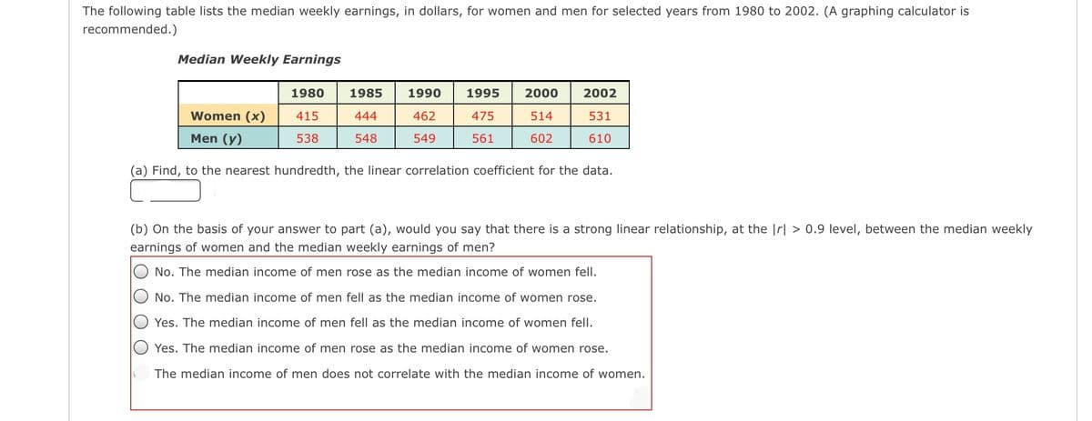 The following table lists the median weekly earnings, in dollars, for women and men for selected years from 1980 to 2002. (A graphing calculator is
recommended.)
Median Weekly Earnings
1980
1985
1990
1995
2000
2002
Women (x)
415
444
462
475
514
531
Men (y)
538
548
549
561
602
610
(a) Find, to the nearest hundredth, the linear correlation coefficient for the data.
(b) On the basis of your answer to part (a), would you say that there is a strong linear relationship, at the |r| > 0.9 level, between the median weekly
earnings of women and the median weekly earnings of men?
No. The median income of men rose as the median income of women fell.
No. The median income of men fell as the median income of women rose.
Yes. The median income of men fell as the median income of women fell.
Yes. The median income of men rose as the median income of women rose.
The median income of men does not correlate with the median income of women.
