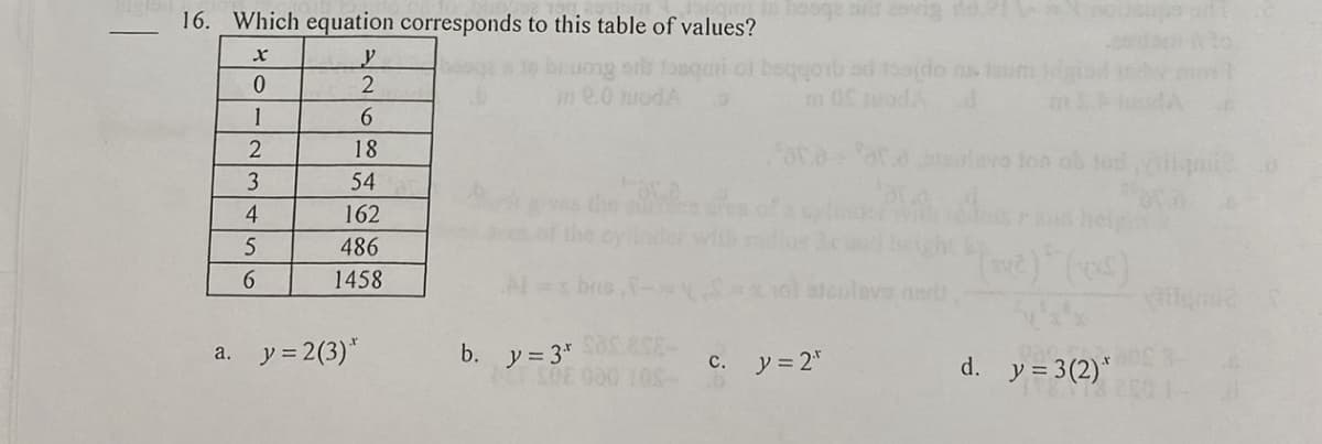 16. Which equation corresponds to this table of values?
X
0
1
2
3
4
5
6
y
2
6
18
54
162
486
1458
a. y = 2(3)*
uong oils fonqari ol beqgoib ad 150
mm 0.0 nrod A
10
bris
b. y = 3* Sos.898-
SOE 000 10S-
ora-
noi stepleve narb
c. y = 2
ton ob tud cliqu2
(v²)* (x²)
9a0. C13
d. y = 3(2)*