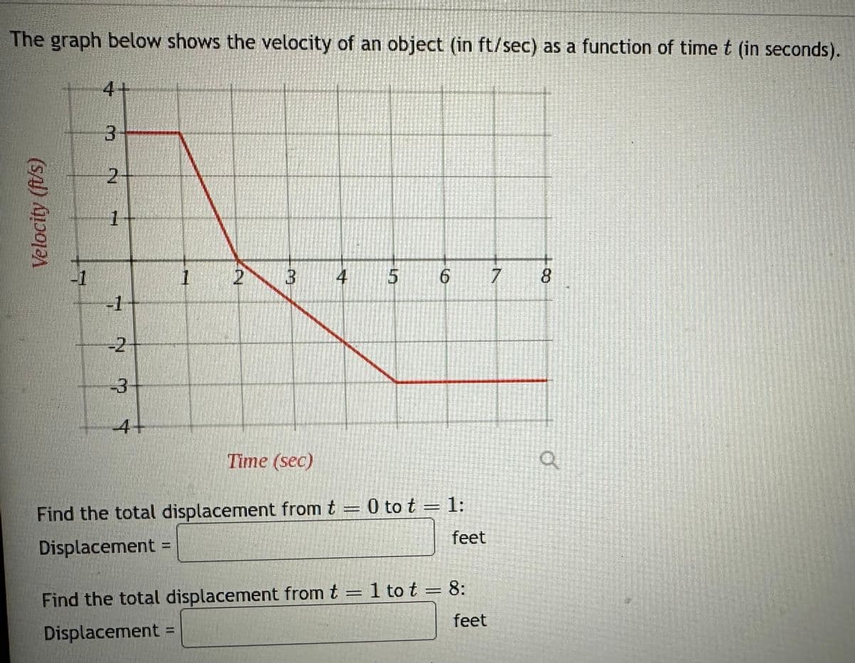 The graph below shows the velocity of an object (in ft/sec) as a function of time t (in seconds).
Velocity (ft/s)
-1
4+
3
2
1
-1
-2
-3
4+
1 2
3 4 5 6
Time (sec)
Find the total displacement from t = 0 to t = 1:
Displacement =
feet
Find the total displacement from t = 1 to t = 8:
Displacement =
feet
7
8
a