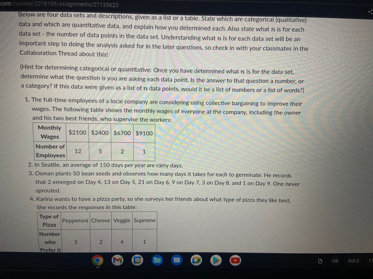 com/courses/2278109/assignments/27135623
Below are four data sets and descriptions, given as a list or a table. State which are categorical (qualitative)
data and which are quantitative data, and explain how you determined each. Also state what n is for each
data set - the number of data points in the data set. Understanding what n is for each data set will be an
important step to doing the analysis asked for in the later questions, so check in with your classmates in the
Collaboration Thread about this!
(Hint for determining categorical or quantitative: Once you have determined what n is for the data set,
determine what the question is you are asking each data point. Is the answer to that question a number, or
a category? If this data were given as a list of n data points, would it be a list of numbers or a list of words?)
1. The full-time employees of a local company are considering using collective bargaining to improve their
wages. The following table shows the monthly wages of everyone at the company, including the owner
and his two best friends, who supervise the workers:
$2100 $2400 $6700 $9100
Monthly
Wages
Number of
Employees
2. In Seattle, an average of 150 days per year are rainy days.
3. Osman plants 50 bean seeds and observes how many days it takes for each to germinate. He records
that 2 emerged on Day 4, 13 on Day 5, 21 on Day 6, 9 on Day 7, 3 on Day 8, and 1 on Day 9. One never
sprouted.
4. Karina wants to have a pizza party, so she surveys her friends about what type of pizza they like best.
She records the responses in this table:
Type of
Pizza
Pepperoni Cheese Veggie Supreme
Number
who
Prefer It
12
3
5
2
O
2
4
M
31
1
1
11
G
O
US
Oct 2
11