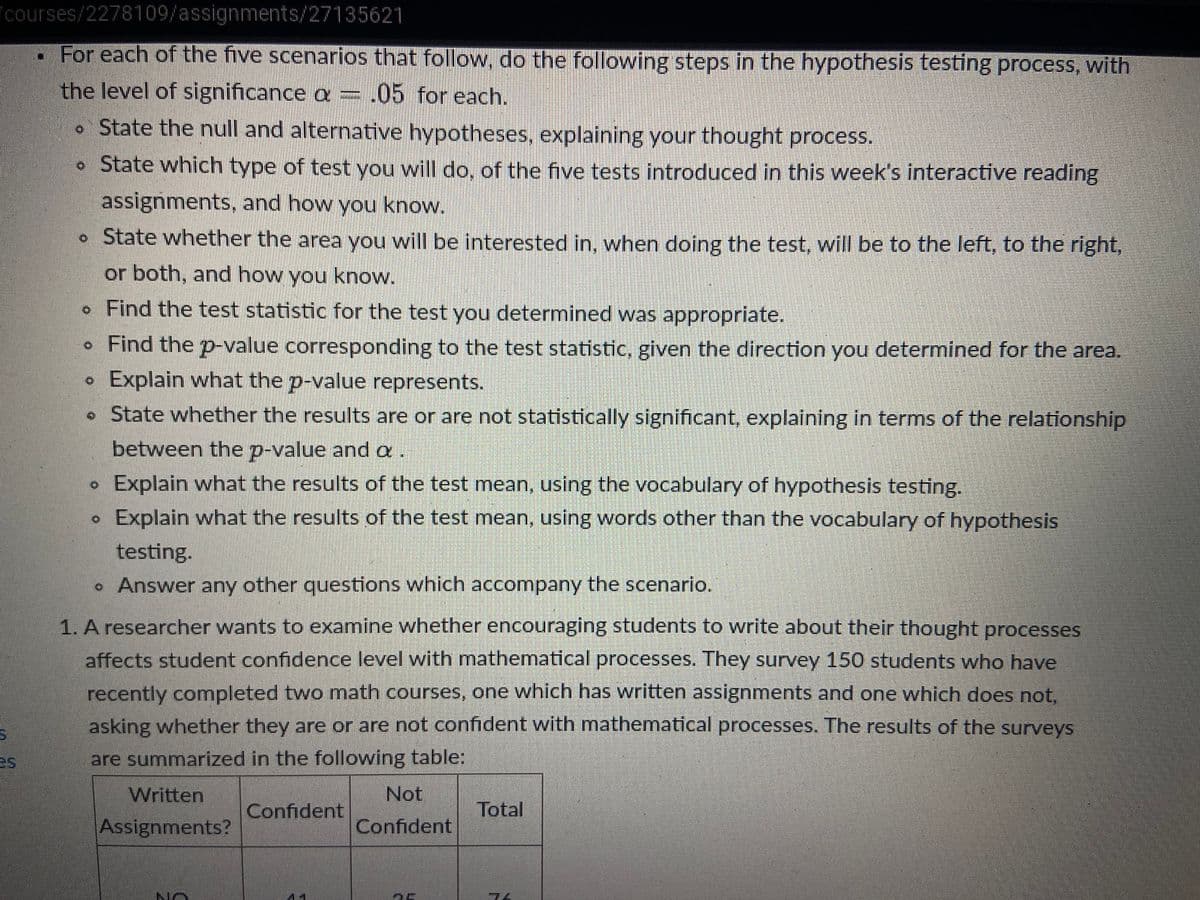 courses/2278109/assignments/27135621
For each of the five scenarios that follow, do the following steps in the hypothesis testing process, with
the level of significance a = .05 for each.
. State the null and alternative hypotheses, explaining your thought process.
State which type of test you will do, of the five tests introduced in this week's interactive reading
assignments, and how you know.
• State whether the area you will be interested in, when doing the test, will be to the left, to the right,
or both, and how you know.
. Find the test statistic for the test you determined was appropriate.
•
Find the p-value corresponding to the test statistic, given the direction you determined for the area.
Explain what the p-value represents.
• State whether the results are or are not statistically significant, explaining in terms of the relationship
between the p-value and a .
Explain what the results of the test mean, using the vocabulary of hypothesis testing.
Explain what the results of the test mean, using words other than the vocabulary of hypothesis
testing.
• Answer any other questions which accompany the scenario.
5
1. A researcher wants to examine whether encouraging students to write about their thought processes
affects student confidence level with mathematical processes. They survey 150 students who have
recently completed two math courses, one which has written assignments and one which does not,
asking whether they are or are not confident with mathematical processes. The results of the surveys
are summarized in the following table:
Written
Assignments?
NO
Confident
Not
Confident
Total