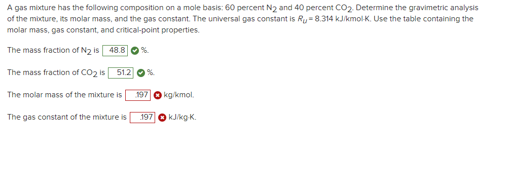 A gas mixture has the following composition on a mole basis: 60 percent N₂ and 40 percent CO2. Determine the gravimetric analysis
of the mixture, its molar mass, and the gas constant. The universal gas constant is Ru= 8.314 kJ/kmol-K. Use the table containing the
molar mass, gas constant, and critical-point properties.
The mass fraction of N₂ is 48.8 %.
The mass fraction of CO2 is 51.2 %.
The molar mass of the mixture is
The gas constant of the mixture is
197 kg/kmol.
197 kJ/kg-K.