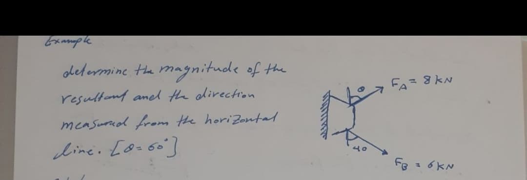 odefermine Hhe magnitude of the
resultont anel the direction
FA=
= 8 KN
measurud from the horizontal
line. [o-60]
