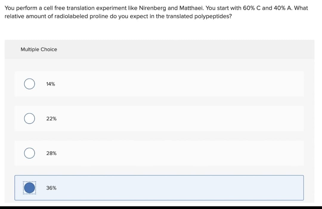 You perform a cell free translation experiment like Nirenberg and Matthaei. You start with 60% C and 40% A. What
relative amount of radiolabeled proline do you expect in the translated polypeptides?
Multiple Choice
14%
22%
28%
36%