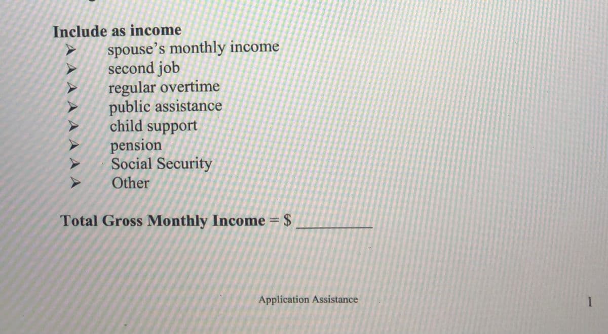 Include as income
spouse's monthly income
second job
regular overtime
public assistance
child support
pension
Social Security
Other
Total Gross Monthly Income $
Application Assistance
1
AAAAA AAA
