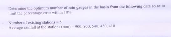 Determine the optimum number of rain gauges in the basin from the following data so as to
limit the percentage error within 10%
Number of existing stations - 5
Average rainfall at the stations (mm) = 900, 800, 540, 450, 410
