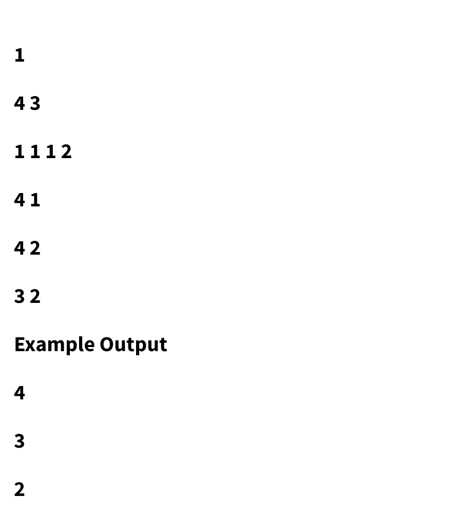 1
43
1112
41
42
32
Example Output
4
3
2