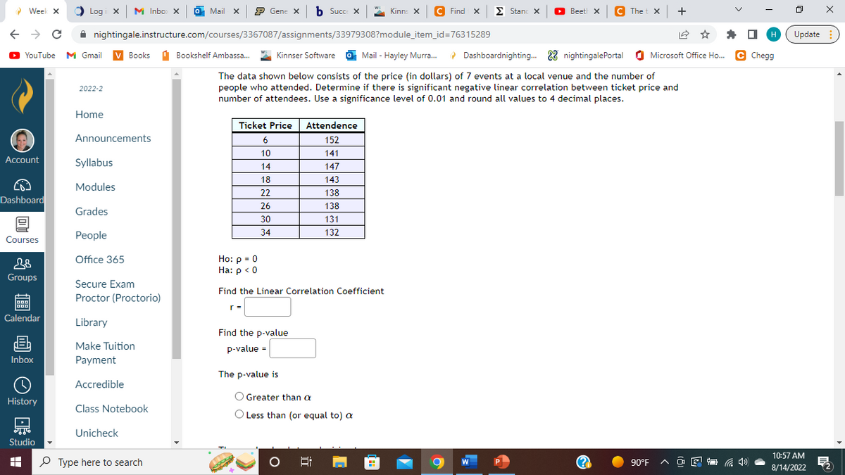 Mail X Gene × b Succe x
YouTube M Gmail V Books
✰ nightingale.instructure.com/courses/3367087/assignments/33979308?module_item_id=76315289
Kinnser Software Mail - Hayley Murra...
The data shown below consists of the price (in dollars) of 7 events at a local venue and the number of
people who attended. Determine if there is significant negative linear correlation between ticket price and
number of attendees. Use a significance level of 0.01 and round all values to 4 decimal places.
Week X
← → C
Account
Dashboard
Courses
28
Groups
looo
HEI
Calendar
凸
Inbox
H
History
R
Studio
Logi X M Inbox x
2022-2
Home
Announcements
Syllabus
Modules
Grades
People
Office 365
Secure Exam
Proctor (Proctorio)
Library
Make Tuition
Payment
Accredible
Class Notebook
Unicheck
Type here to search
Bookshelf Ambassa...
Ticket Price
6
10
14
18
22
26
30
34
Ho: p = 0
Ha: p < 0
Find the Linear Correlation Coefficient
Find the p-value
p-value =
Attendence
152
141
147
143
138
138
131
132
The p-value is
O Greater than a
O Less than (or equal to) a
(=
Kinns X C Find X
Σ Stanc X ▸ Beeth XC Thet x | +
la
Dashboardnighting... 22 nightingalePortal Microsoft Office Ho... C Chegg
W
→
H
90°F
0 X
Update
10:57 AM
8/14/2022