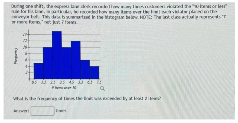 During one shift, the express lane clerk recorded how many times customers violated the "10 items or less"
rule for his lane. In particular, he recorded how many items over the limit each violator placed on the
conveyor belt. This data is summarized in the histogram below. NOTE: The last class actually represents "7
or more items," not just 7 items.
Frequency
144
12-
10+
8-
0.5 1.5 2.5 3.5 4.5 5.5 6.5 7.5
#items over 10
Q
What is the frequency of times the limit was exceeded by at least 2 items?
Answer:
times