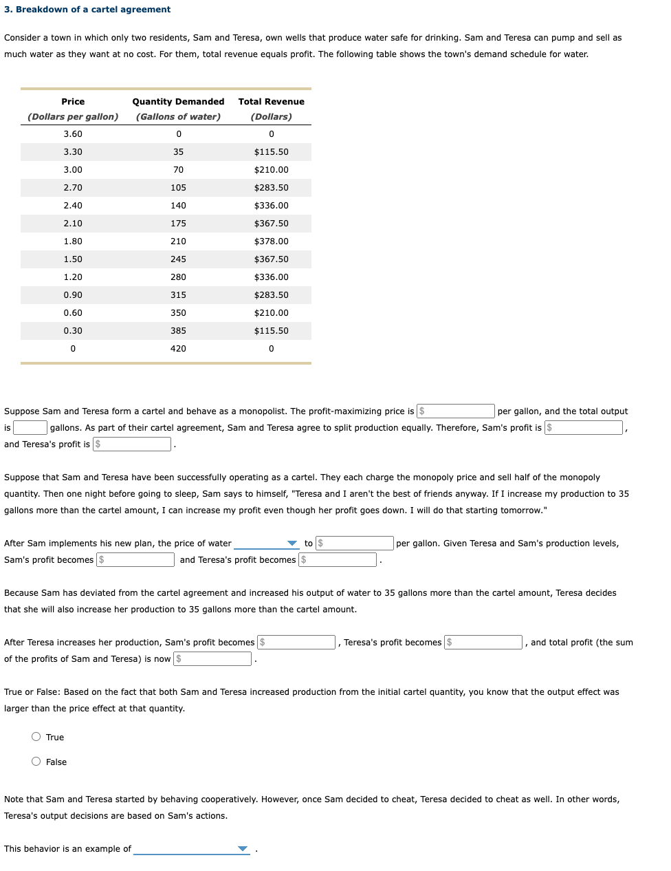 3. Breakdown of a cartel agreement
Consider a town in which only two residents, Sam and Teresa, own wells that produce water safe for drinking. Sam and Teresa can pump and sell as
much water as they want at no cost. For them, total revenue equals profit. The following table shows the town's demand schedule for water.
Price
Quantity Demanded
Total Revenue
(Dollars per gallon)
(Gallons of water)
(Dollars)
3.60
3.30
35
$115.50
3.00
70
$210.00
2.70
105
$283.50
2.40
140
$336.00
2.10
175
$367.50
1.80
210
$378.00
1.50
245
$367.50
1.20
280
$336.00
0.90
315
$283.50
0.60
350
$210.00
0.30
385
$115.50
420
Suppose Sam and Teresa form a cartel and behave as a monopolist. The profit-maximizing price is $
per gallon, and the total output
is
gallons. As part of their cartel agreement, Sam and Teresa agree to split production equally. Therefore, Sam's profit is $
and Teresa's profit is $
Suppose that Sam and Teresa have been successfully operating as a cartel. They each charge the monopoly price and sell half of the monopoly
quantity. Then one night before going to sleep, Sam says to himself, "Teresa and I aren't the best of friends anyway. If I increase my production to 35
gallons more than the cartel amount, I can increase my profit even though her profit goes down. I will do that starting tomorrow."
per gallon. Given Teresa and Sam's production levels,
After Sam implements his new plan, the price of water
Sam's profit becomes $
▼ to $
and Teresa's profit becomes $
Because Sam has deviated from the cartel agreement and increased his output of water to 35 gallons more than the cartel amount, Teresa decides
that she will also increase her production to 35 gallons more than the cartel amount.
After Teresa increases her production, Sam's profit becomes $
of the profits of Sam and Teresa) is now $
Teresa's profit becomes $
|, and total profit (the sum
True or False: Based on the fact that both Sam and Teresa increased production from the initial cartel quantity, you know that the output effect was
larger than the price effect at that quantity.
O True
O False
Note that Sam and Teresa started by behaving cooperatively. However, once Sam decided to cheat, Teresa decided to cheat as well. In other words,
Teresa's output decisions are based on Sam's actions.
This behavior is an example of
