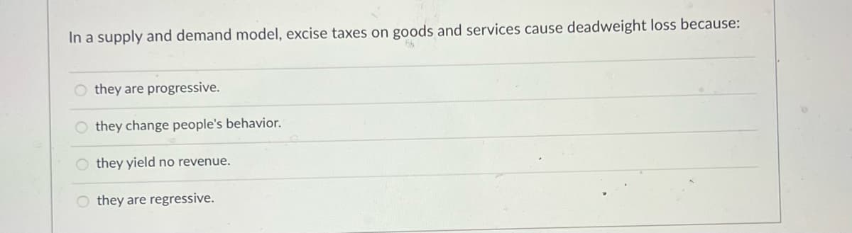 In a supply and demand model, excise taxes on goods and services cause deadweight loss because:
O they are progressive.
O they change people's behavior.
they yield no revenue.
O they are regressive.
