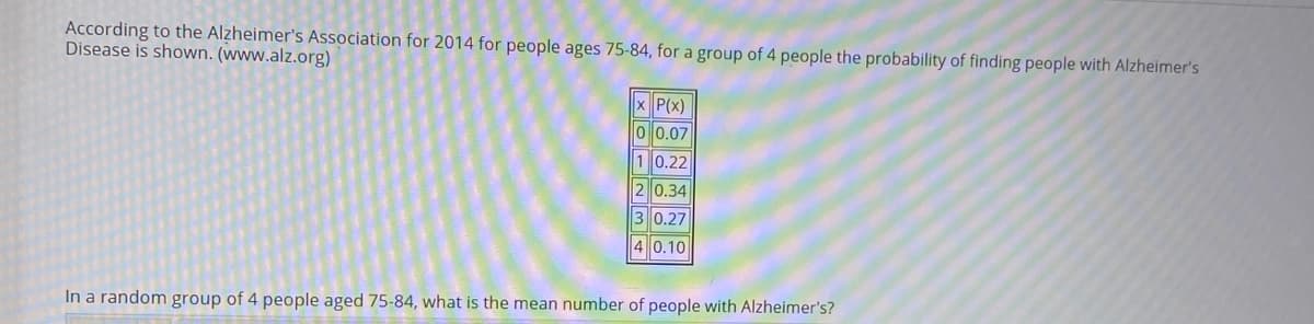 According to the Alzheimer's Association for 2014 for people ages 75-84, for a group of 4 people the probability of finding people with Alzheimer's
Disease is shown. (www.alz.org)
x P(x)
0 0.07
1 0.22
2 0.34
3 0.27
4 0.10
In a random group of 4 people aged 75-84, what is the mean number of people with Alzheimer's?
