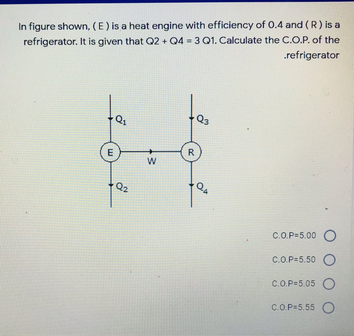 refrigerator. It is given that Q2 + Q4 3 Q1. Calculate the C.O.P. of the
.refrigerator
In figure shown, (E) is a heat engine with efficiency of 0.4 and ( R) is a
Q3
Q1
Q2
C.O.P-5.00 O
C.O.P=5.50
C.O.P=5.05 O
C.O.P=5.55 O
R.
