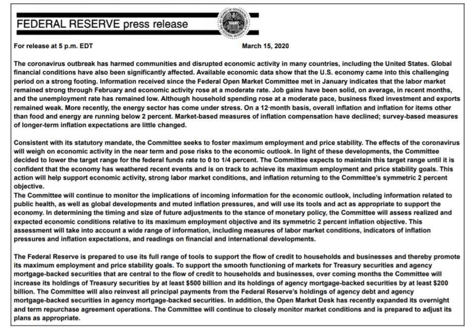 FEDERAL RESERVE press release
For release at 5 p.m. EDT
March 15, 2020
The coronavirus outbreak has harmed communities and disrupted economic activity in many countries, including the United States. Global
financial conditions have also been significantly affected. Available economic data show that the U.S. economy came into this challenging
period on a strong footing. Information received since the Federal Open Market Committee met in January indicates that the labor market
remained strong through February and economic activity rose at a moderate rate. Job gains have been solid, on average, in recent months,
and the unemployment rate has remained low. Although household spending rose at a moderate pace, business fixed investment and exports
remained weak. More recently, the energy sector has come under stress. On a 12-month basis, overall inflation and inflation for items other
than food and energy are running below 2 percent. Market-based measures of inflation compensation have declined; survey-based measures
of longer-term inflation expectations are little changed.
Consistent with its statutory mandate, the Committee seeks to foster maximum employment and price stability. The effects of the coronavirus
will weigh on economic activity in the near term and pose risks to the economic outlook. In light of these developments, the Committee
decided to lower the target range for the federal funds rate to 0 to 1/4 percent. The Committee expects to maintain this target range until it is
confident that the economy has weathered recent events and is on track to achieve its maximum employment and price stability goals. This
action will help support economic activity, strong labor market conditions, and inflation returning to the Committee's symmetric 2 percent
objective.
The Committee will continue to monitor the implications of incoming information for the economic outlook, including information related to
public health, as well as global developments and muted inflation pressures, and will use its tools and act as appropriate to support the
economy. In determining the timing and size of future adjustments to the stance of monetary policy, the Committee will assess realized and
expected economic conditions relative to its maximum employment objective and its symmetric 2 percent inflation objective. This
assessment will take into account a wide range of information, including measures of labor market conditions, indicators of inflation
pressures and inflation expectations, and readings on financial and international developments.
The Federal Reserve is prepared to use its full range of tools to support the flow of credit to households and businesses and thereby promote
its maximum employment and price stability goals. To support the smooth functioning of markets for Treasury securities and agency
mortgage-backed securities that are central to the flow of credit to households and businesses, over coming months the Committee will
increase its holdings of Treasury securities by at least $500 billion and its holdings of agency mortgage-backed securities by at least $200
billion. The Committee will also reinvest all principal payments from the Federal Reserve's holdings of agency debt and agency
mortgage-backed securities in agency mortgage-backed securities. In addition, the Open Market Desk has recently expanded its overnight
and term repurchase agreement operations. The Committee will continue to closely monitor market conditions and is prepared to adjust its
plans as appropriate.
