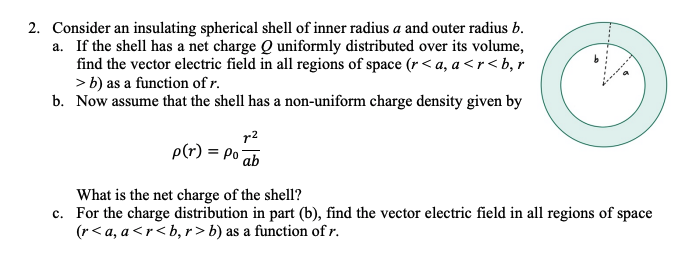 2. Consider an insulating spherical shell of inner radius a and outer radius b.
a. If the shell has a net charge Q uniformly distributed over its volume,
find the vector electric field in all regions of space (r < a, a<r<b,r
> b) as a function of r.
b. Now assume that the shell has a non-uniform charge density given by
r2
p(r) = Po ab
What is the net charge of the shell?
c. For the charge distribution in part (b), find the vector electric field in all regions of space
(r< a, a<r < b, r> b) as a function of r.
