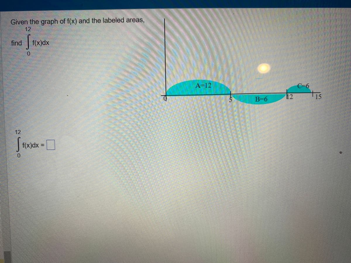 Given the graph of f(x) and the labeled areas,
12
find
,
0
f(x)dx
12
[ f(x)dx=
0
A=12
B-6
12
C-6
15