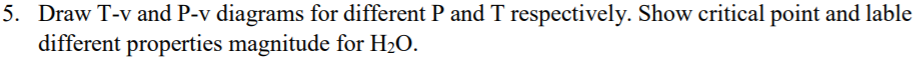 5. Draw T-v and P-v diagrams for different P and T respectively. Show critical point and lable
different properties magnitude for H2O.
