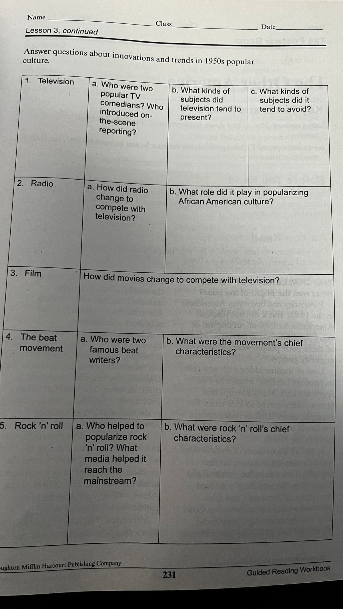 Name
Class.
Date.
Lesson 3, continued
Answer questions about innovations and trends in 1950s popular
culture.
1. Television
a. Who were two
popular TV
comedians? Who
introduced on-
b. What kinds of
subjects did
television tend to
c. What kinds of
subjects did it
tend to avoid?
present?
the-scene
reporting?
est
2. Radio
a. How did radio
b. What role did it play in popularizing
African American culture?
change to
compete with
television?
3. Film
How did movies change to compete with television?
esw la
4. The beat
a. Who were two
famous beat
b. What were the movement's chief
characteristics?
movement
writers?
a. Who helped to
popularize rock
'n' roll? What
media helped it
5. Rock 'n' rol
b. What were rock 'n' roll's chief
characteristics?
reach the
bll
mainstream?
ughton Mifflin Harcourt Publishing Company
Guided Reading Workbook
231
