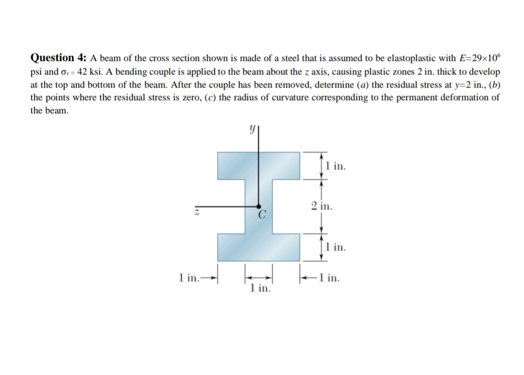 Question 4: A beam of the cross section shown is made of a steel that is assumed to be elastoplastic with E=29×10°
psi and oy = 42 ksi. A bending couple is applied to the beam about the z axis, causing plastic zones 2 in. thick to develop
at the top and bottom of the beam. After the couple has been removed, determine (a) the residual stress at y=2 in., (b)
the points where the residual stress is zero, (c) the radius of curvature corresponding to the permanent deformation of
the beam.
1 in.
2 in.
|1 in.
1 in.
in.
1 in.
