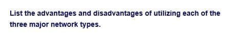 List the advantages and disadvantages of utilizing each of the
three major network types.