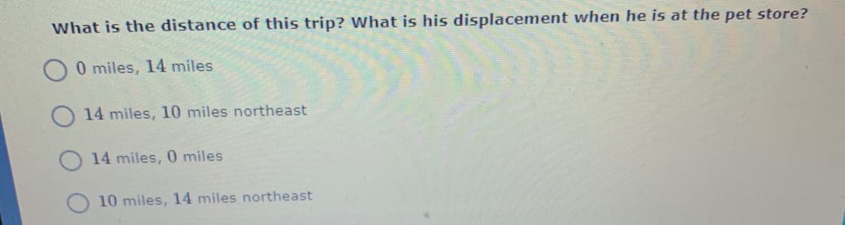 What is the distance of this trip? What is his displacement when he is at the pet store?
0 miles, 14 miles
O 14 miles, 10 miles northeast
14 miles, 0 miles
10 miles, 14 miles northeast
