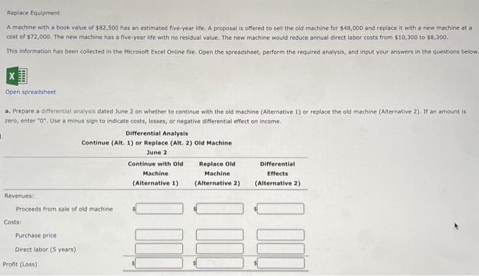 Replace Equipment
A machine with a book value of $82,500 has an estimated five-year life. A proposal is offered to sell the old machine for $48,000 and replace it with a new machine at a
cost of $72,000. The new machine has a five-year life with no residual value. The new machine would reduce annual direct labor costs from $10,300 to $8,300.
This information has been collected in the Microsoft Excel Online file. Open the spreadsheet, perform the required analysis, and input your answers in the questions below.
X
Open spreadsheet
a. Prepare a differential analysis dated June 2 on whether to continue with the old machine (Alternative 1) or replace the old machine (Alternative 2). If an amount is
zero, enter "0". Use a minus sign to indicate costs, losses, or negative differential effect on income.
Revenues:
Proceeds from sale of old machine.
Costs:
Purchase price
Direct labor (5 years)
Differential Analysis
Continue (Alt. 1) or Replace (Alt. 2) Old Machine
June 2
Continue with Old
Profit (Loss)
Machine
(Alternative 1)
Replace Old
Machine
(Alternative 2)
Differential
Effects
(Alternative 2)