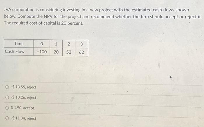 JVA corporation is considering investing in a new project with the estimated cash flows shown
below. Compute the NPV for the project and recommend whether the firm should accept or reject it.
The required cost of capital is 20 percent.
Time
Cash Flow
0
1
-100 20
-$13.55, reject
O$10.26, reject
O $1.90, accept.
O $11.34, reject
2
52
3
62