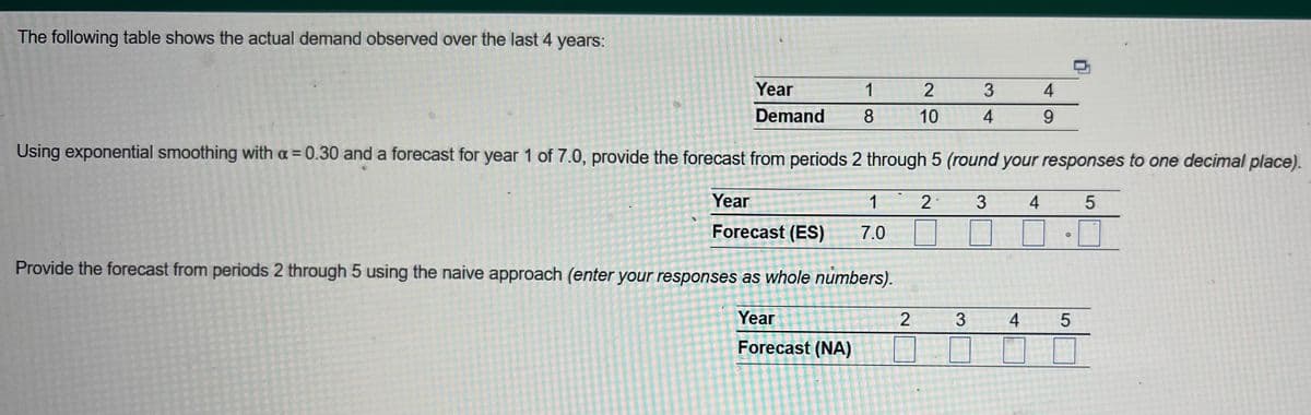 The following table shows the actual demand observed over the last 4 years:
1
Year
Demand 8
Year
Forecast (ES)
1
7.0
Using exponential smoothing with a = 0.30 and a forecast for year 1 of 7.0, provide the forecast from periods 2 through 5 (round your responses to one decimal place).
3
5
Provide the forecast from periods 2 through 5 using the naive approach (enter your responses as whole numbers).
Year
Forecast (NA)
2
10
2
2
3
4
3
4
4
9
4
5