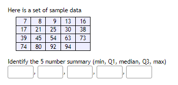 Here is a set of sample data
7
8
9 13 16
17
21
25 30 38
73
39 45 54 63
74 80 92 94
Identify the 5 number summary (min, Q1, median, Q3, max)