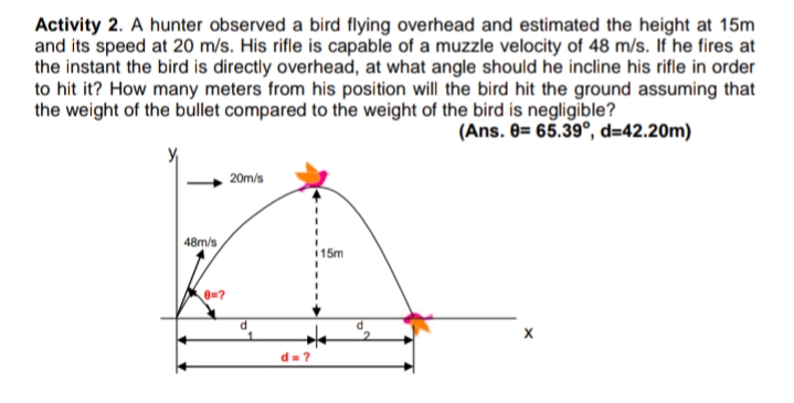 Activity 2. A hunter observed a bird flying overhead and estimated the height at 15m
and its speed at 20 m/s. His rifle is capable of a muzzle velocity of 48 m/s. If he fires at
the instant the bird is directly overhead, at what angle should he incline his rifle in order
to hit it? How many meters from his position will the bird hit the ground assuming that
the weight of the bullet compared to the weight of the bird is negligible?
(Ans. 8= 65.39°, d=42.20m)
20m/s
| 48m/s
115m
d=?
