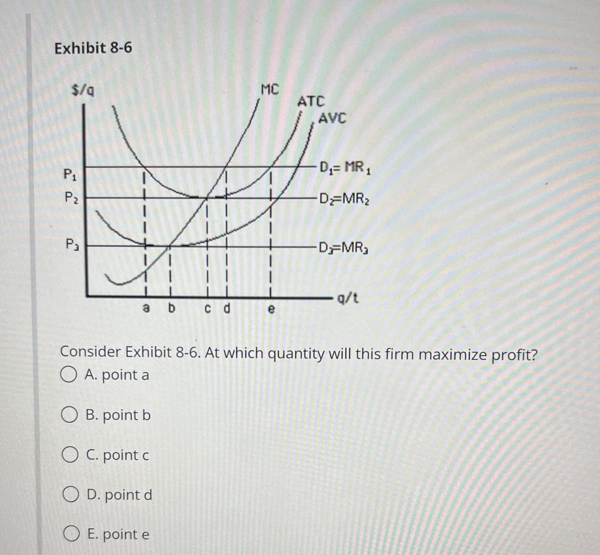 Exhibit 8-6
$/q
P₁
P₂
P3
XI
a b
c d
MC
e
ATC
AVC
-D₁= MR₁
-D=MR₂
-D-MR3
-q/t
Consider Exhibit 8-6. At which quantity will this firm maximize profit?
A. point a
OB. point b
OC. point c
OD. point d
OE. point e