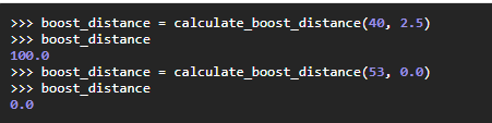 >>> boost_distance = calculate_boost_distance(40, 2.5)
>>> boost_distance
100.0
>>> boost_distance = calculate_boost_distance(53, 0.0)
>>> boost_distance
0.0