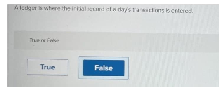 A ledger is where the initial record of a day's transactions is entered.
True or False
True
False
