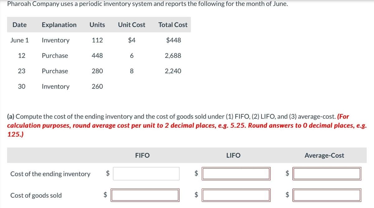 Pharoah Company uses a periodic inventory system and reports the following for the month of June.
Date
June 1
12
23
30
Explanation Units Unit Cost
Inventory
$4
Purchase
Purchase
Inventory
Cost of the ending inventory
112
Cost of goods sold
448
280
260
6
LA
8
(a) Compute the cost of the ending inventory and the cost of goods sold under (1) FIFO, (2) LIFO, and (3) average-cost. (For
calculation purposes, round average cost per unit to 2 decimal places, e.g. 5.25. Round answers to 0 decimal places, e.g.
125.)
Total Cost
FIFO
$448
2,688
2,240
LA
$
tA
$
LIFO
LA
LA
$
Average-Cost
00