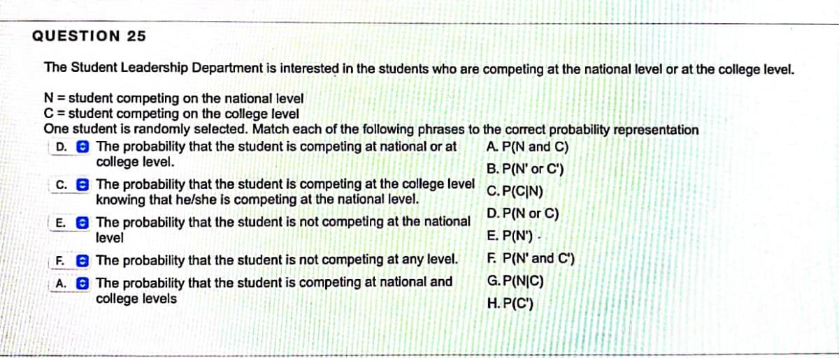 QUESTION 25
The Student Leadership Department is interested in the students who are competing at the national level or at the college level.
N = student competing on the national level
C = student competing on the college level
One student is randomly selected. Match each of the following phrases to the correct probability representation
D.
A. P(N and C)
B. P(N' or C')
C.P(CIN)
C.
D. P(N or C)
E.
E. P(N')-
F.
F. P(N' and C')
A.
The probability that the student is competing at national or at
college level.
The probability that the student is competing at the college level
knowing that he/she is competing at the national level.
The probability that the student is not competing at the national
level
The probability that the student is not competing at any level.
The probability that the student is competing at national and
college levels
G.P(NIC)
H. P(C')