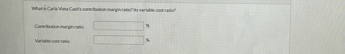 What is Carla Vista Cash's contribution margin ratio? Its variable cost ratio?
Contribution margin ratio
Variable cost ratio
%
%