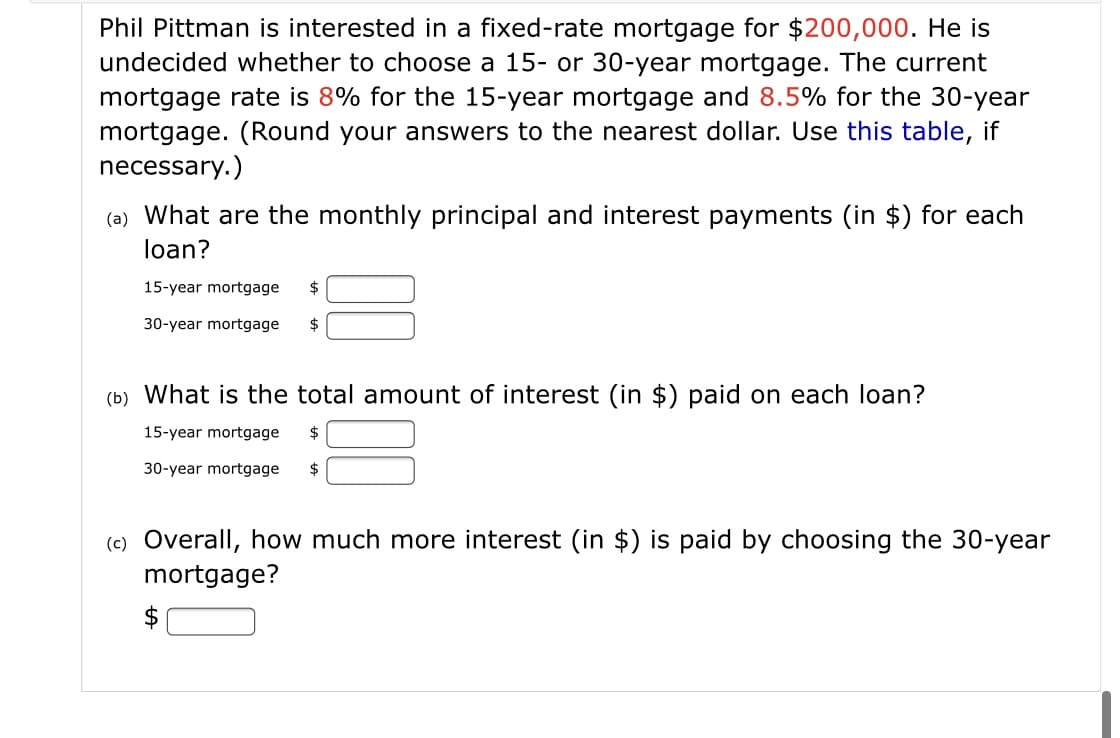 Phil Pittman is interested in a fixed-rate mortgage for $200,000. He is
undecided whether to choose a 15- or 30-year mortgage. The current
mortgage rate is 8% for the 15-year mortgage and 8.5% for the 30-year
mortgage. (Round your answers to the nearest dollar. Use this table, if
necessary.)
(a) What are the monthly principal and interest payments (in $) for each
loan?
15-year mortgage
2$
30-year mortgage
$
(b) What is the total amount of interest (in $) paid on each loan?
15-year mortgage
30-year mortgage
2$
(c) Overall, how much more interest (in $) is paid by choosing the 30-year
mortgage?
